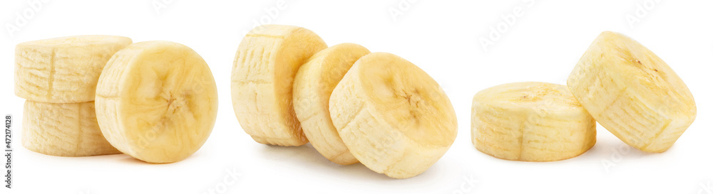 Delicious banana slices set, isolated on white background Delicious banana slices set, isolated on white background