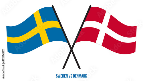Sweden and Denmark Flags Crossed And Waving Flat Style. Official Proportion. Correct Colors.
