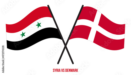 Syria and Denmark Flags Crossed And Waving Flat Style. Official Proportion. Correct Colors.