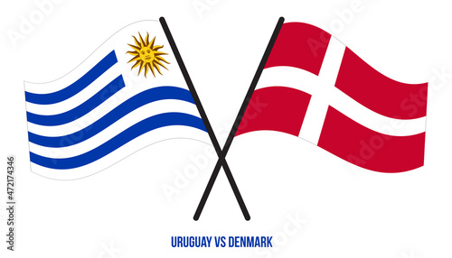 Uruguay and Denmark Flags Crossed And Waving Flat Style. Official Proportion. Correct Colors.