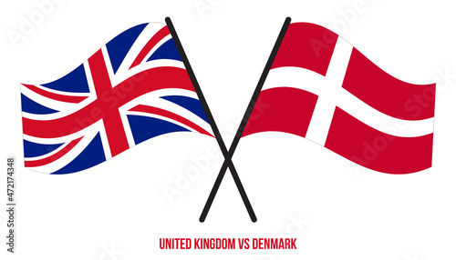 United Kingdom and Denmark Flags Crossed And Waving Flat Style. Official Proportion. Correct Colors.