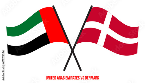 United Arab Emirates and Denmark Flags Crossed And Waving Flat Style. Official Proportion.