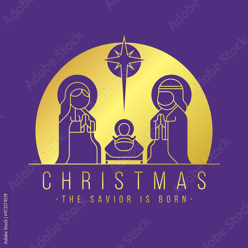 christmas, the savior is born - Cute charactor style The Nativity with mary and joseph in a manger with baby Jesus, Gold line texture on purple background vector design