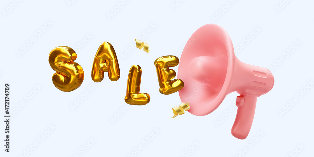 Sale banner. 3d realistic balloons in the form of letters fly from a megaphone. Vector illustration Sale banner. 3d realistic balloons in the form of letters fly from a megaphone. Vector illustration