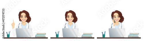 Female doctor using laptop computer sitting at the desk isolated vector illustration