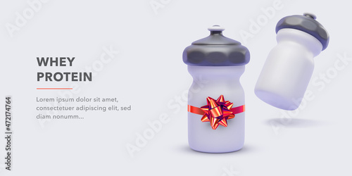 Sports nutrition, protein whey, 3d realistic bottle with a gift bow on a plastic bottle. Sports nutrition advertising banner. Vector illustration