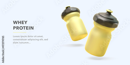 Whey protein banner template with 3d realistic yellow plastic bottles. Vector illustration