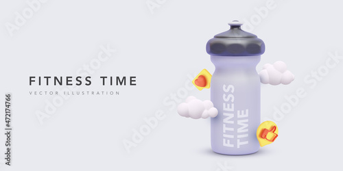 Concept fitness banner with 3d realistic colour plastic bottle, clouds, social icons isolated on white background. Vector illustration