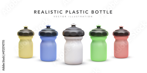 Set of sport nutrition 3d realistic drink bottle for fitness isolated on white background. Vector illustration