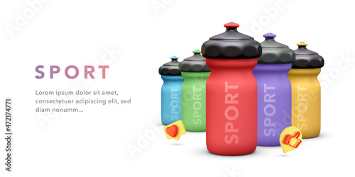Fitness running 3d realistic and sport water bottles various shapes size and colors isolated on white background. Vector illustration