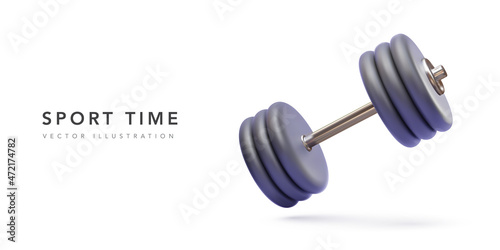 Creative concept 3d realistic dumbbell with black plates levitating in air on white background. Front view with copy space. Vector illustration photo