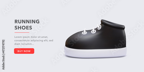 Buy now realistic black 3d sneaker isolated on white background. Vector illustration