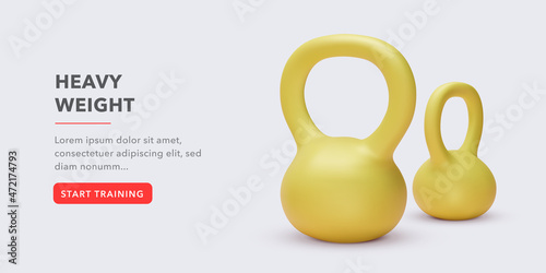 Banner with realistic 3d yellow kettlebells, text and a button to start training. Vector illustration