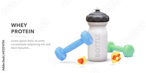 Online workout banner concept with 3d realistic dumbbells, bottle, social icons isolated on white background. Vector illustration