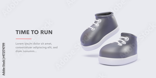 Banner with a pair of realistic black 3d sneakers with shadow and text. Vector illustration