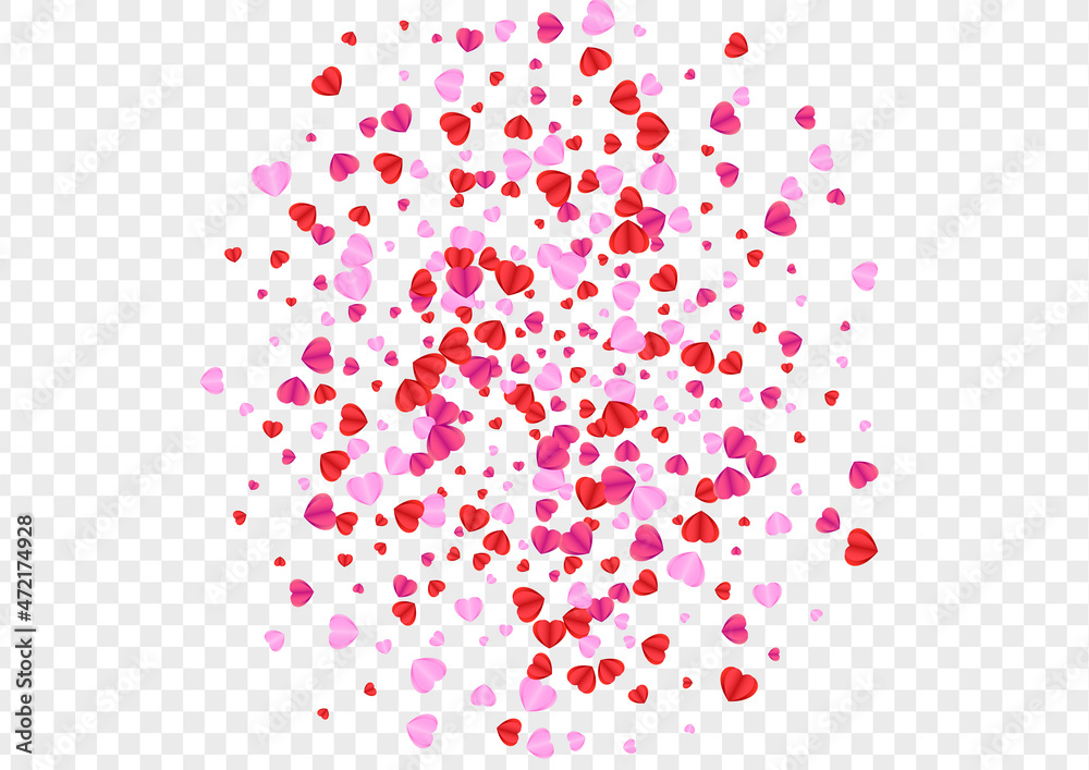 Pink Confetti Background Transparent Vector. Abstract Texture Heart. Red Element Pattern. Violet Heart Cute Backdrop. Tender Honeymoon Frame.
