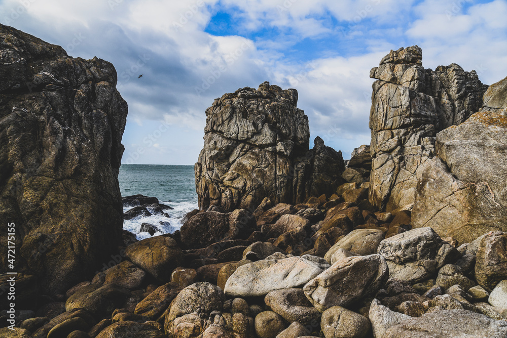 .Beautiful and wild rocky coast of France in vintage retro tones, vintage landscape of coastline of France .Beautiful and wild rocky coast of France in vintage retro tones, vintage landscape of coastline of France