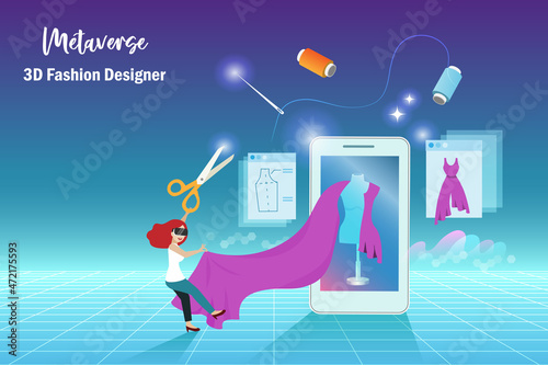 Metaverse for 3D fashion designer in virtual reality environment. Woman wear VR goggle glass working on 3D tailored made clothing experience on smart phone screen device.