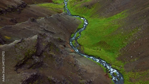 Narrow Thermal River On The Valley Of Reykjadalur Near Reykjavik In South Iceland. Aerial Drone photo