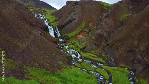 Flyover Hot Spring River At Reykjadalur Valley In South Iceland. Aerial Drone photo