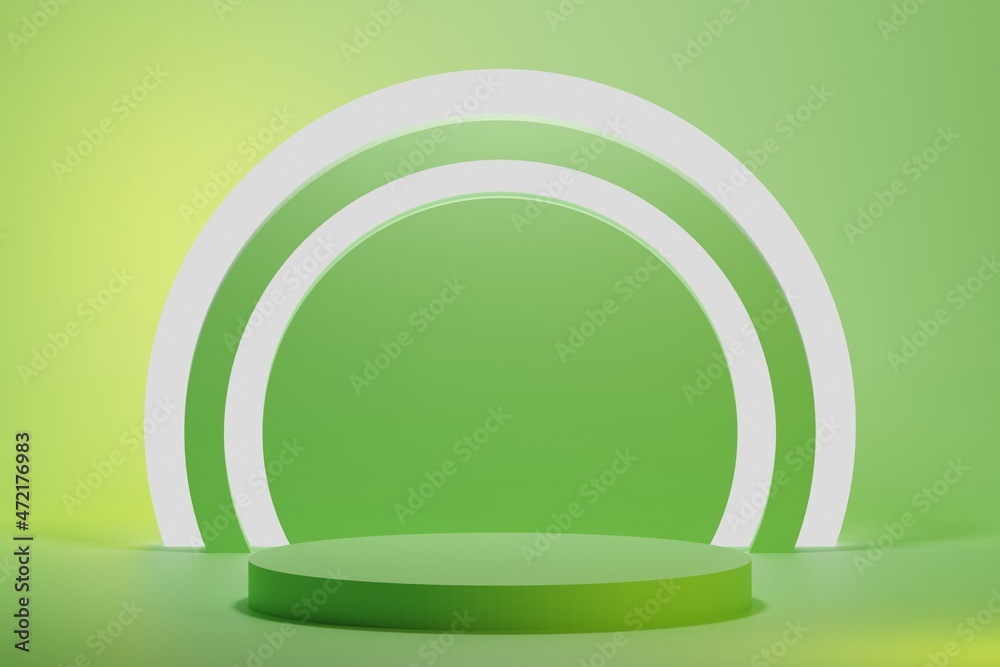 Obraz premium Warm green geometric podium with glowing circle and minimalistic elements background 3d illustration