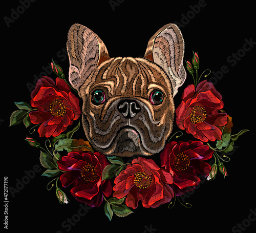 French bulldog and ring from red roses flowers. Classical embroidery in black background. Beautiful dog head and and floral garden. Fashionable romantic template for clothes, t-shirt design