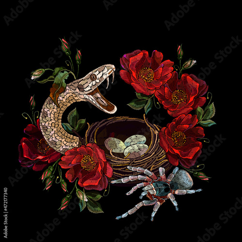 Embroidery snake, bird nest, roses and tarantula spiders. Fashion clothes template and t-shirt design. Dark gothic halloween style. Medieval fairy tale art