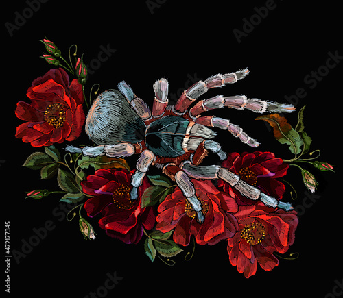 Embroidery wild red roses and tarantula spiders. Floral medieval gothic background. Fashionable template for clothes