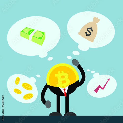 bitcoin thinking of money bill coin bag and trade standing in blue background.