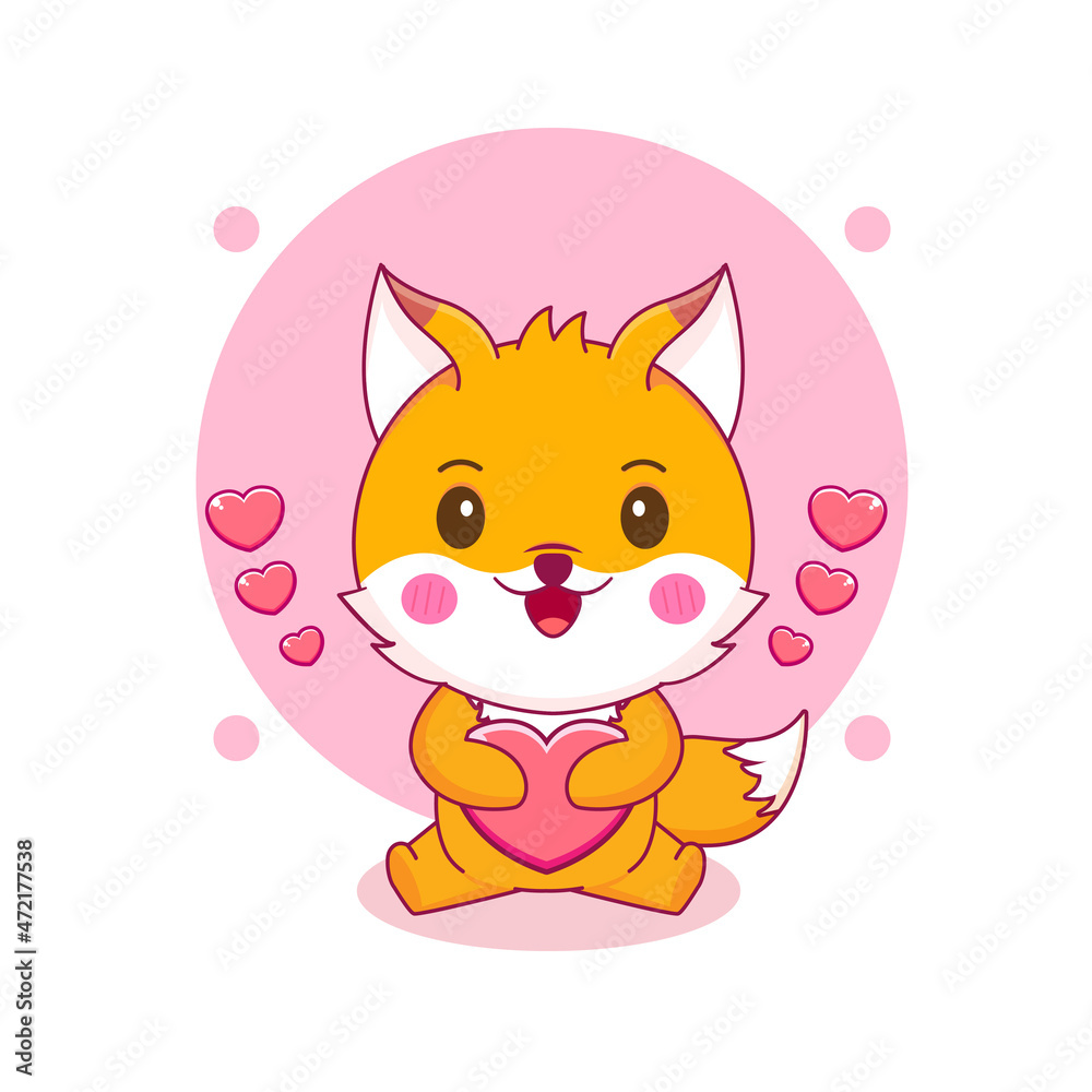 Cute fox holding love cartoon character illustration chibi style isolated background