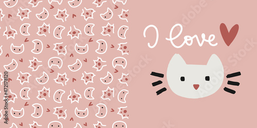 I love cat vector hand drawn accent print and coordinating seamless pattern design set for toddler girl, teenager or young woman home clothing.