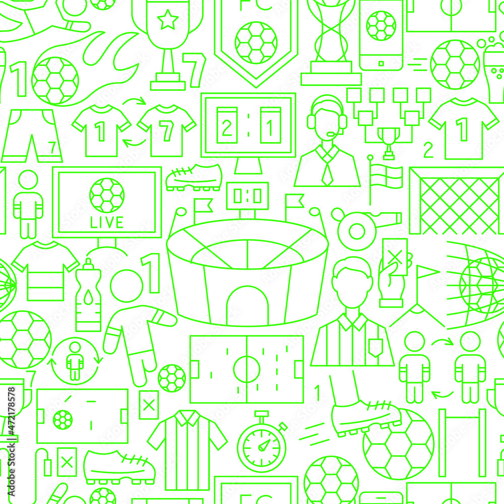 Soccer Football Line Seamless Pattern. Vector Illustration of Outline Background.