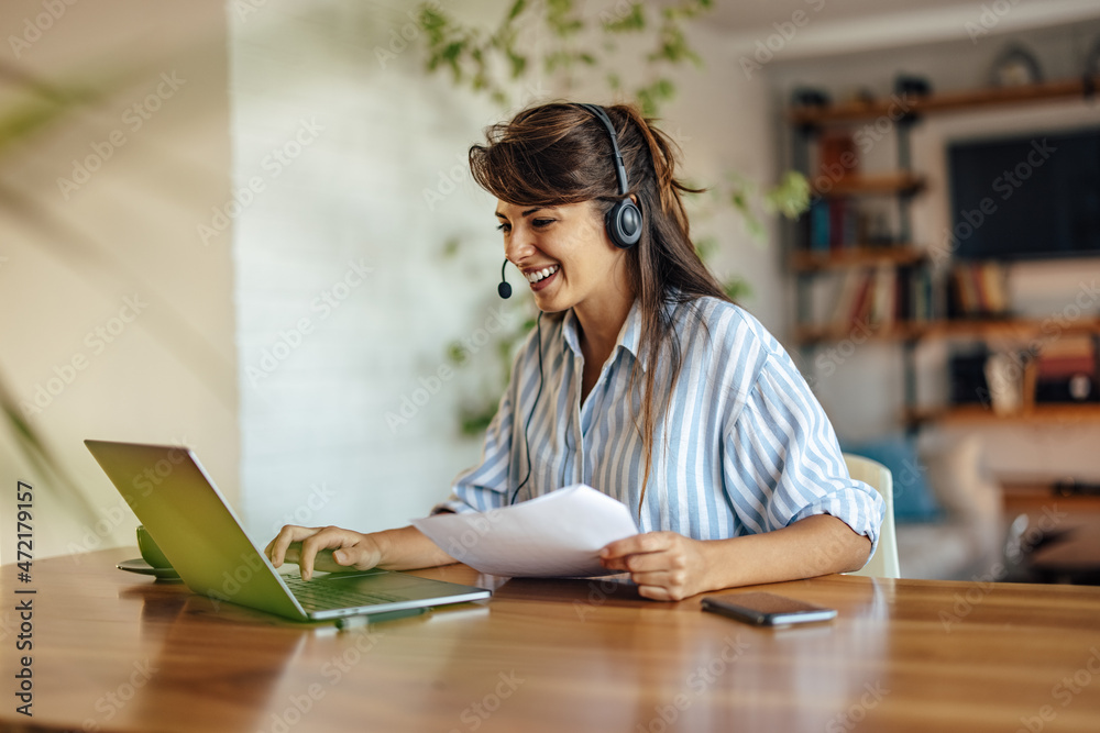Busy caucasian woman, advising her new customers, online Busy caucasian woman, advising her new customers, online