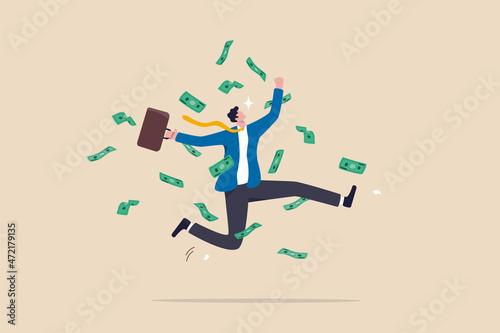 Success businessman achieve financial freedom, happy millionaire with plenty of money and wealth, income or salary increase or career opportunity concept, happy businessman jump high with money rain.