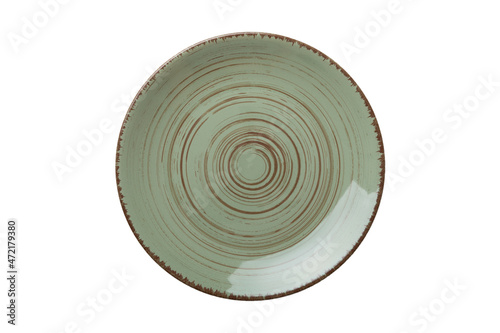Fototapeta Naklejka Na Ścianę i Meble -  Green ceramic round plate isolated over white background. Top view