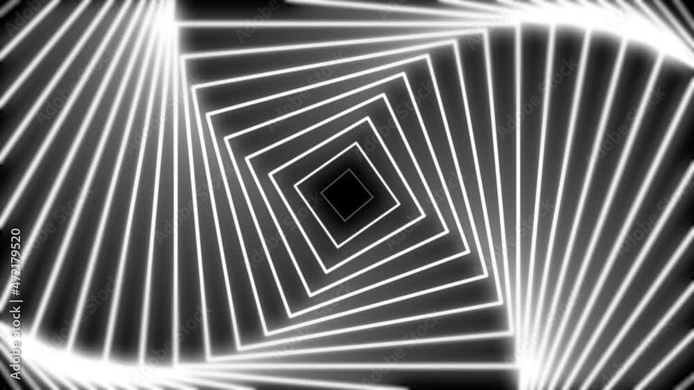 White line squares rotating on black background. Abstract geometric loop pattern background animation White line squares rotating on black background. Abstract geometric loop pattern background animation