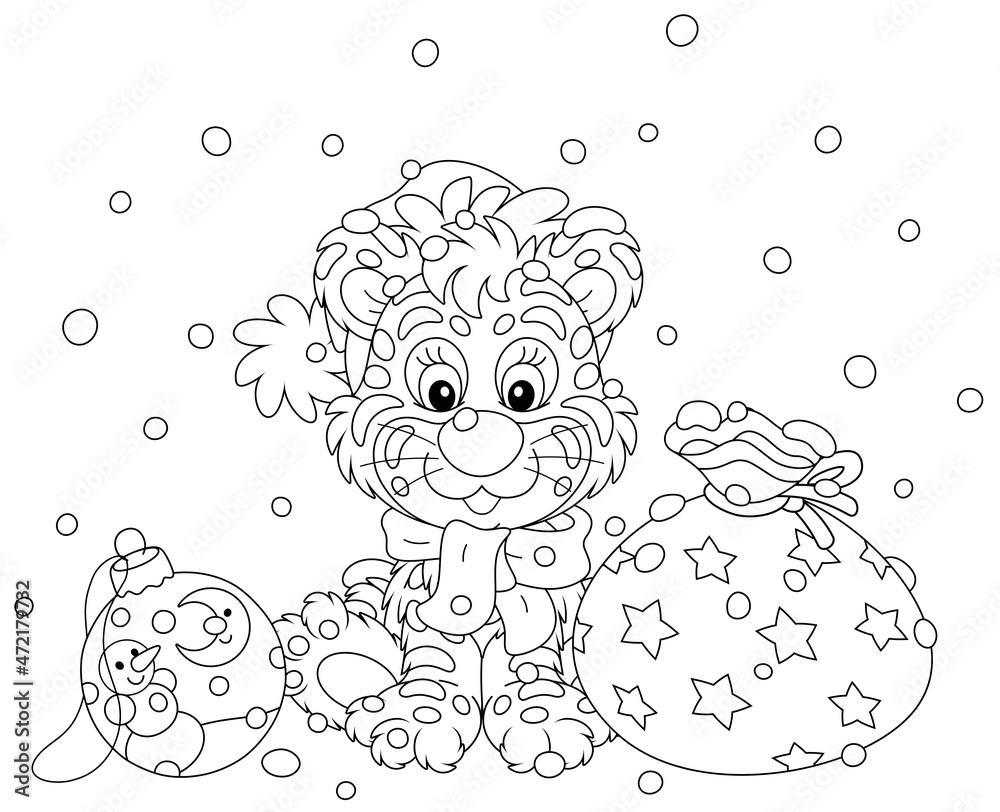 Fototapeta premium Cute little tiger in a Santa hat sitting on snow with a beautiful gift bag and a Christmas toy ball, black and white outline vector cartoon illustration for a coloring book page