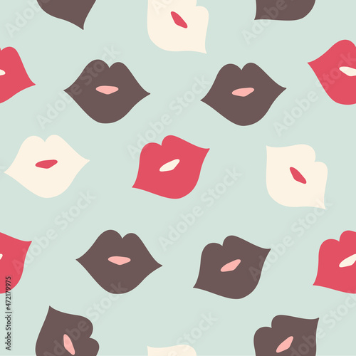 Vector seamless pattern with colored lips in hand drawn style on mint background. Modern design for wallpaper, textile, wrapping paper, fabric, Valentine's Day, beauty salon, cosmetics