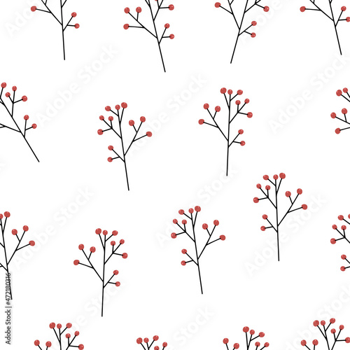 Winter Christmas plants, hand-drawn vector seamless pattern.