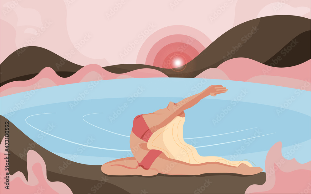 The woman is engaged in yoga. greets the sun. Vector illustration. 
