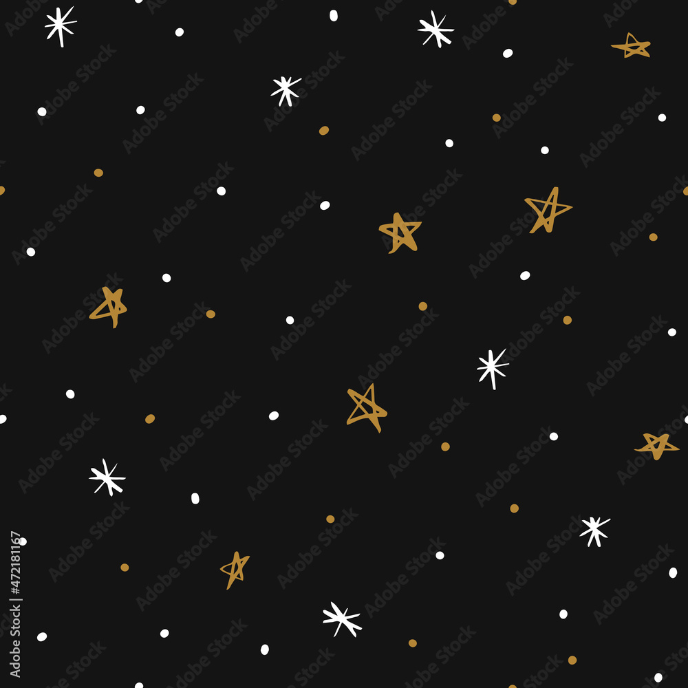 Nigh sky seamless pattern. Hand-drawn stars and dots on dark background.