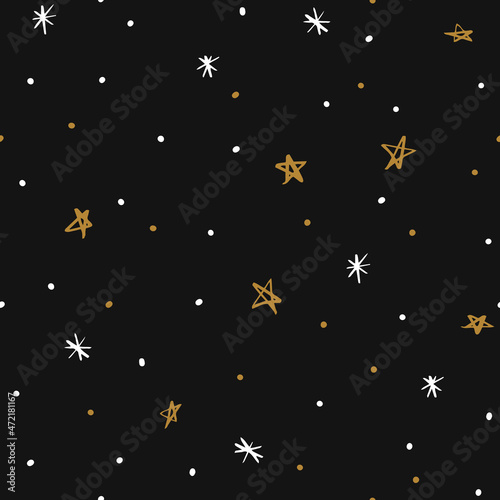 Nigh sky seamless pattern. Hand-drawn stars and dots on dark background.