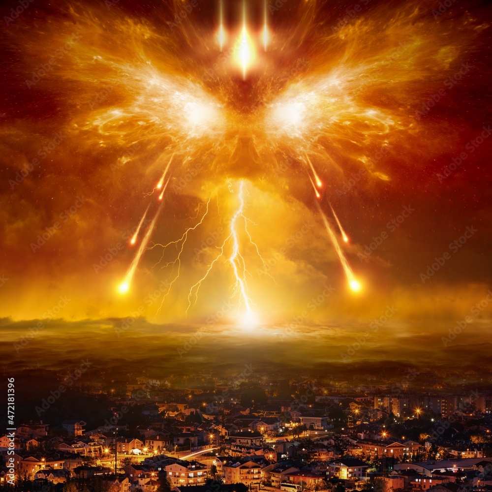 Apocalyptic religious image – armageddon battle between forces of good and  evil, judgment day, end of world and times Stock Photo | Adobe Stock