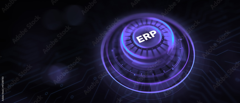 ERP Enterprise resources planning business finance technology concept. Virtual button on screen.