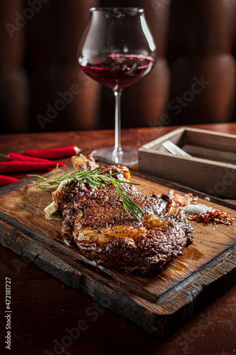 grilled flat iron steak shot in flat lay style f
