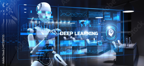 Deep learning artificial intelligence neural network. Robot pressing button on screen 3d render.