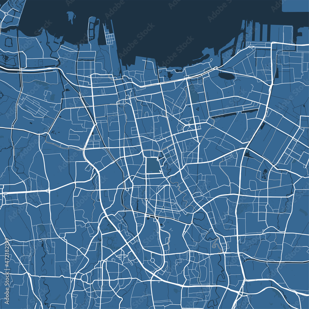 Detailed vector map poster of Jakarta city, linear print map. Blue skyline urban panorama.