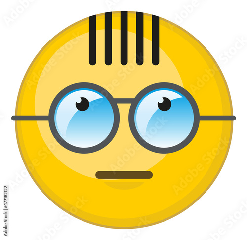Nerd emoticon. Smart face in glasses. Yellow emoji