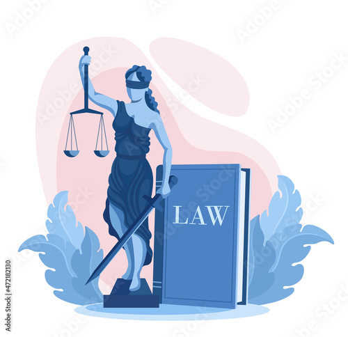 Justice concept of law of fairness and order. Services of a lawyer attorney and defense in court. Statue of the goddess of justice and the book of the law. Flat vector isolated on white background.