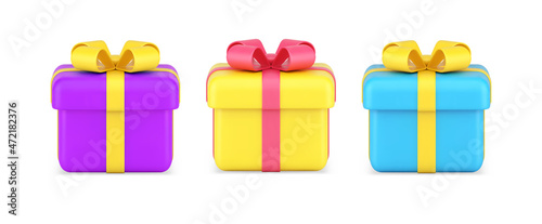 Collection squared colorful wrapped gift boxes decorated by ribbon bow for celebrate Christmas